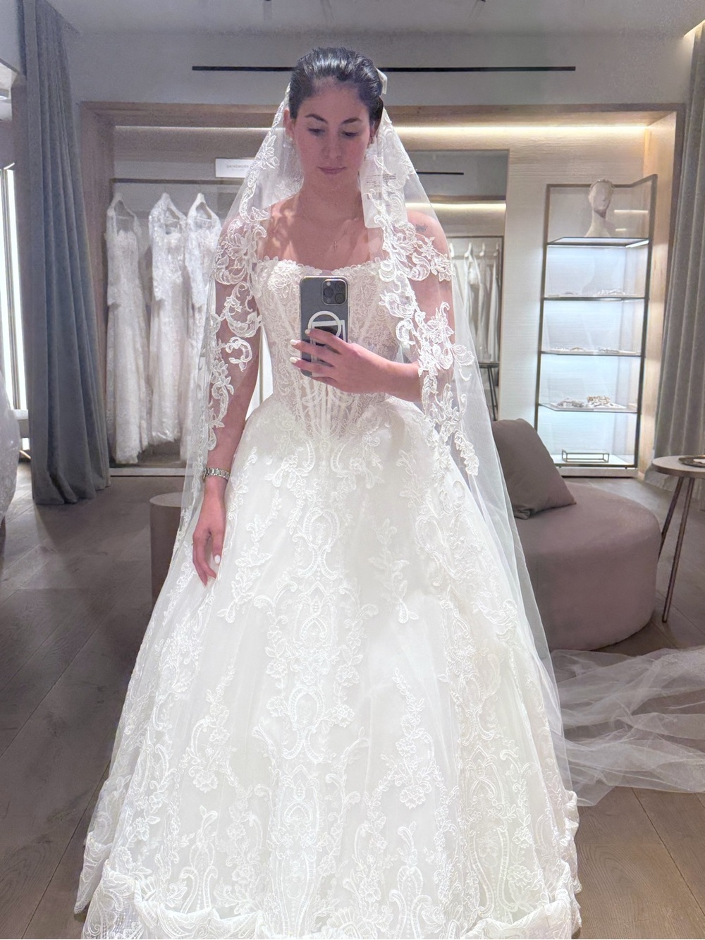Pronovias Ivory Lace Ball Gown Wedding Dress with Cathedral Veil